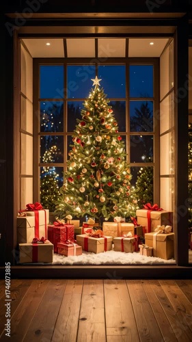 Festive Christmas tree adorned with lights and ornaments by the window, surrounded by gifts wrapped in red ribbons, creating a warm cozy atmosphere.