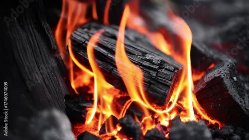Burning charcoal and hand touching the charcoal, Hot fire in the fireplace