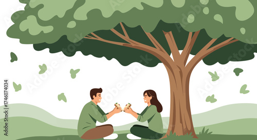 Illustration of a Couple Sharing Food Under a Tree, Suitable for Romance and Lifestyle