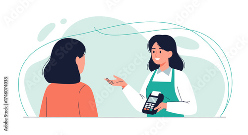 Illustration of a customer interacting with a cashier using a payment terminal in a store