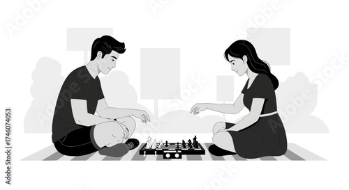 Illustration of a Couple Playing Chess Outdoors in a Park Setting During Lovely Day