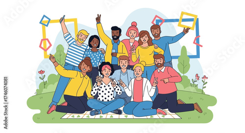 Illustration of a diverse group of friends enjoying a picnic in the park setting