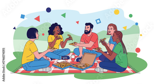 Illustration of a diverse group of friends enjoying pizza and a picnic together outdoors