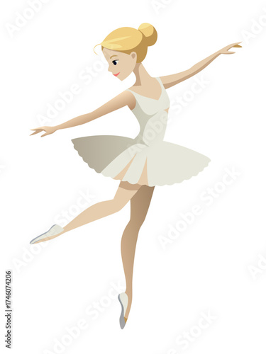 Vector illustration of a young blonde ballerina silhouette in a white tutu gracefully performing an elegant leap, symbolizing beauty, balance, dance