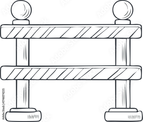 A simple, black and white illustration of a wooden barrier, designed for safety.