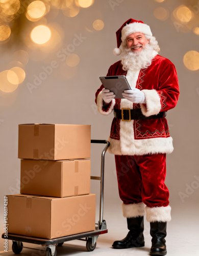 Santa tracks shipments on a tablet beside a parcel dolly