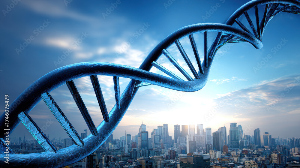 Obraz premium Stunning view of DNA structure intertwined with modern city skyline showcases connection between biology and technology, emphasizing role of DNA