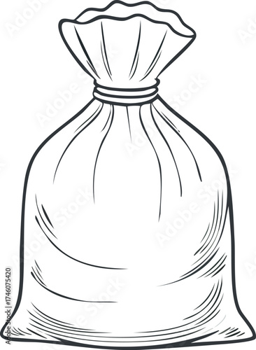 A simple black and white illustration of a tied-up sack, filled with contents.