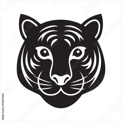 Tiger face black and white on transparent background silhouette