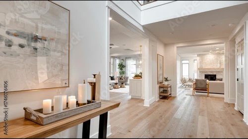 Softly styled modern entryway featuring subtle seasonal details like fall flowers and a lit candle on a console table. The space opens into a welcoming interior, combining warmth and sophistication.