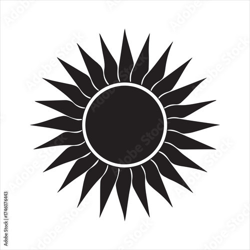 Black sun with sharp rays on transparent background silhouette