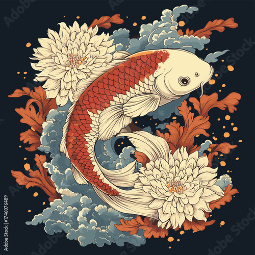 Koi carp and chrysanthemum flowers. Vector illustration. Tattoo print. Hand drawn illustration for t-shirt print, fabric and other uses. , vector style simple color