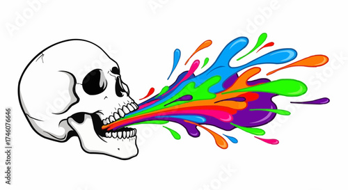 Vibrant skull spewing bright colors, creative expression with artistic flair design