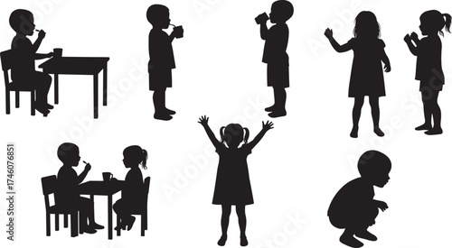 Children silhouette, eating, drinking, dancing, joyful expression, feeding, sitting, squatting, playful behavior, emotional interaction, childhood activity, lifestyle concept, educational theme