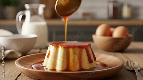 Delicious caramel flan being drizzled with syrup in a cozy kitchen setting with milk and eggs nearby
