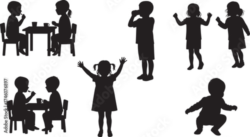 Children silhouette, eating, drinking, dancing, joyful expression, feeding, sitting, squatting, playful behavior, emotional interaction, childhood activity, lifestyle concept, educational theme