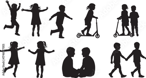 Children silhouette, playful kids, jumping, running, dancing, sitting, scooter riding, friendship, emotional bonding, outdoor fun, happy childhood, lifestyle concept