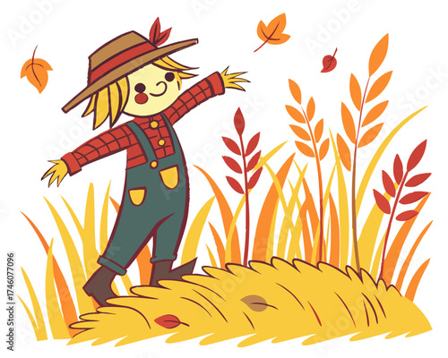 Scarecrow in autumn field vector illustration