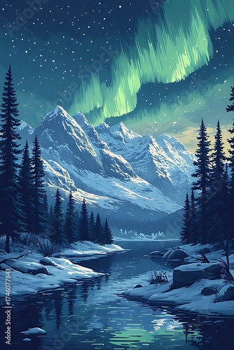 Majestic aurora borealis dances above snow covered mountains and a serene frozen lake illuminating a starry arctic night sky