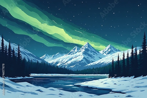 Serene arctic landscape under the vibrant glow of the aurora borealis illuminating snow covered mountains and a frozen river