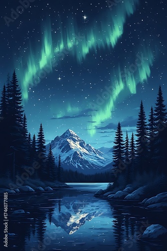 Majestic aurora borealis dances above a snow capped mountain reflected in a serene lake surrounded by pine trees under a starry night sky