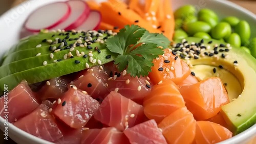 A delicious and colorful Hawaiian poke bowl filled with fresh raw salmon, tuna, sliced avocado, edamame, and sesame seeds