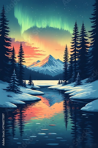 Majestic aurora borealis illuminates a serene winter landscape with snow covered trees and a tranquil lake reflecting the vibrant sky and distant mountains