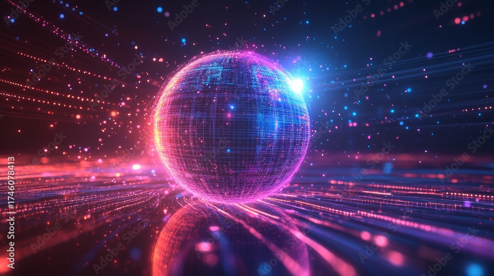 Obraz premium Glowing digital earth globe with neon light trails, global communication, data transfer, internet connection, worldwide technology, virtual network, international trade and futuristic cyber world.