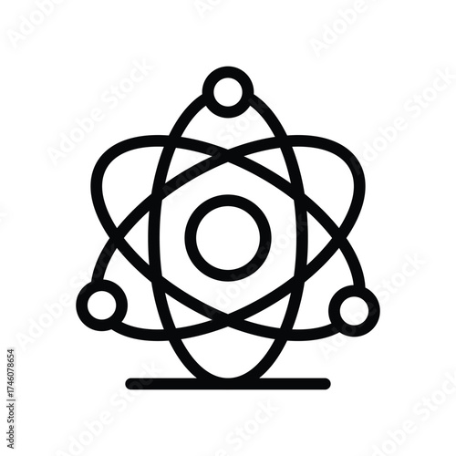 A black and white icon depicting an atom model with orbiting electrons and a central nucleus It rests on a horizontal base