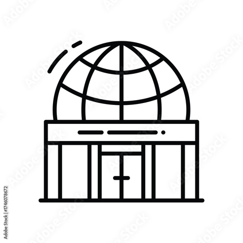 A black and white icon depicts a building with a globe on top The building has a boxlike structure pillars and a door
