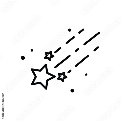 A black and white icon of shooting stars Three stars are in the foreground with streaks behind them