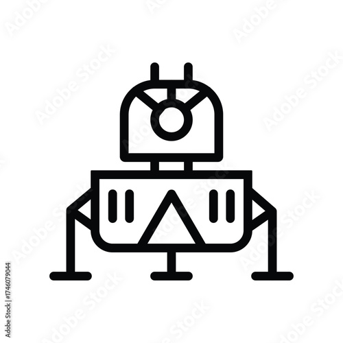 A black and white line drawing depicts a lunar module It has four legs two antennas a central body and a circular window
