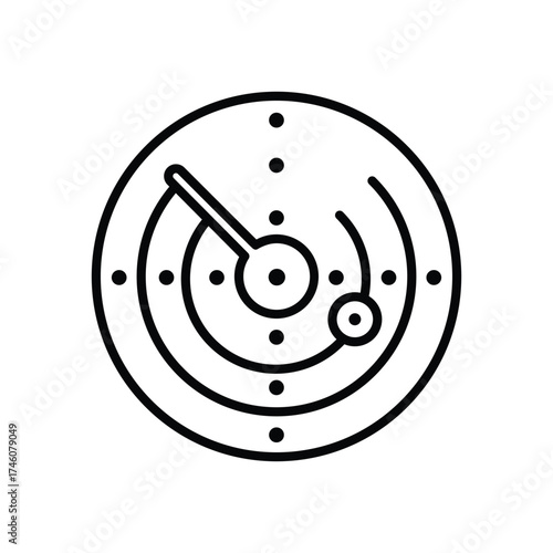 A black and white illustration of a radar screen with concentric circles dots and a rotating line