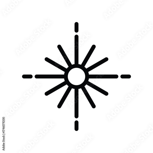 A black icon a sunburst with a central circle and radiating lines Dotted line extensions emerge from the suns sides