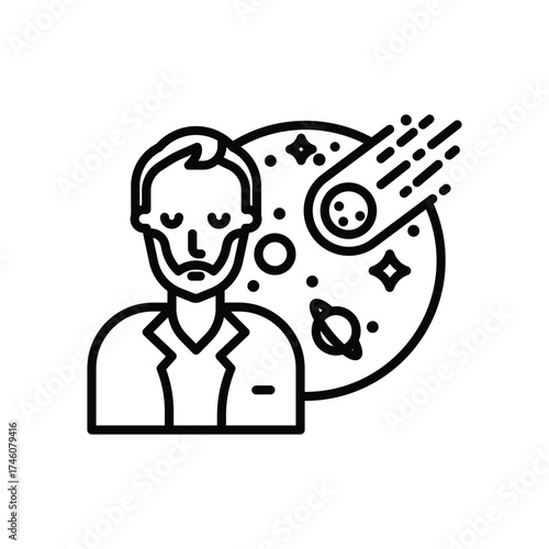A black line drawing of a man next to a planet with celestial objects and a comet trail The man has a beard and is wearing a lab coat
