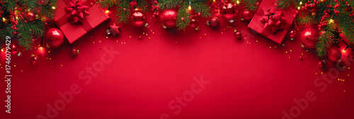 Merry Christmas banner with red gift boxes, tree branches and decorations