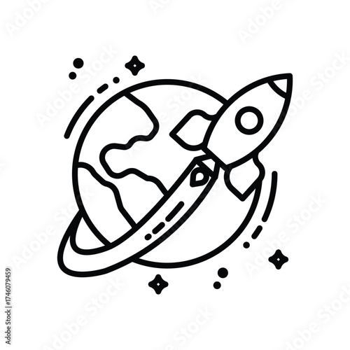 A black line drawing of a rocket leaving Earth The Earth is encircled by an orbit line with stars around