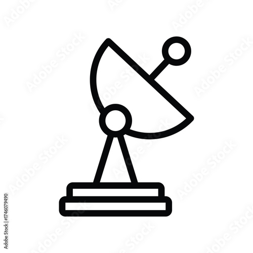 A black line drawing of a satellite dish Its resting on a rectangular base