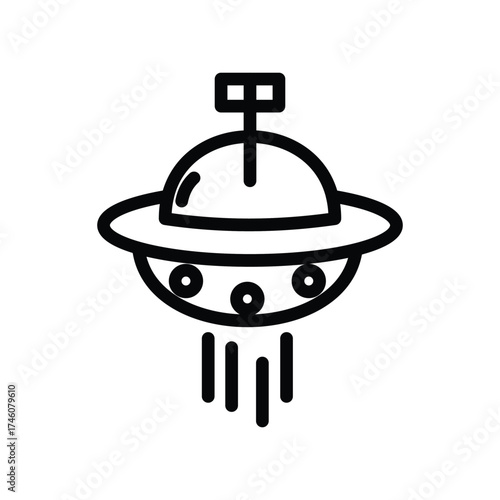 A black lineart illustration of a UFO It is a rounded shape with a flat disc and several portholes beneath Three short lines emanate downwards