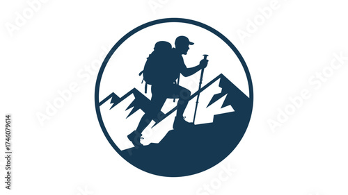Silhouette of a hiker with a backpack and trekking poles climbing a mountain peak