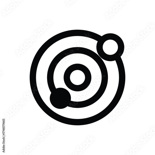A black orbital diagram with concentric circles and orbiting spheres