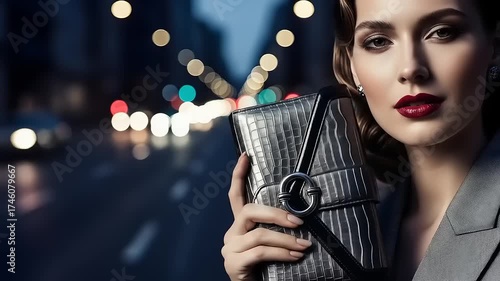 Portrait of a sophisticated and elegant woman holding a stylish handbag on a city street at night with blurred bokeh lights in the background