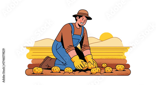 Illustration of a farmer harvesting potatoes on a sunny day in a field setting
