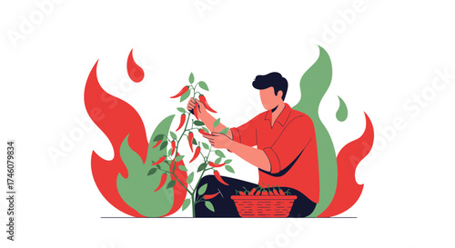 Illustration of a farmer harvesting red chili peppers on a white background