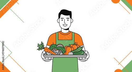 Illustration of a farmer holding a tray of fresh vegetables on white background