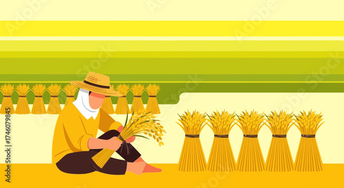 Illustration of a farmer harvesting wheat in a field during a sunny day