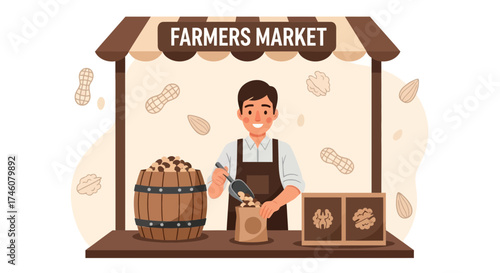 Illustration of a farmer selling nuts at a farmer's market stall, vector design
