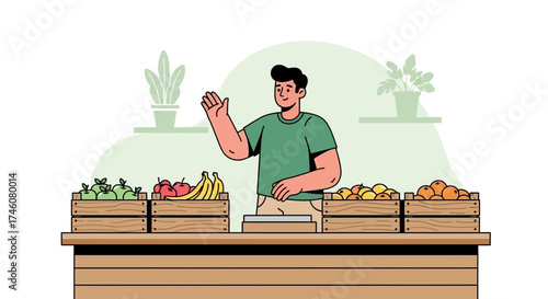 Illustration of a fruit vendor at a market stall offering fresh produce and friendly service