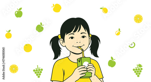 Illustration of a girl drinking juice, fruits on background, healthy beverage concept