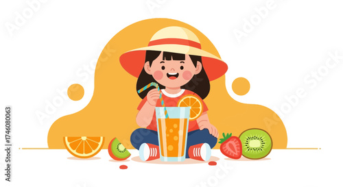Illustration Of a Girl Drinking Fresh Juice With Fruits and Straws in Summer